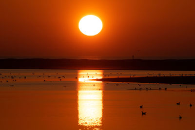 Scenic view of sea against orange sky
