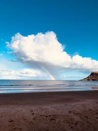 Scenic view of beach against blue sky