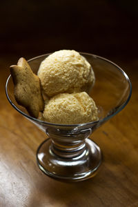 Close-up of ice cream in bowl on table