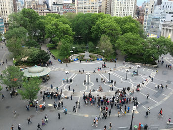 High angle view of people on city street