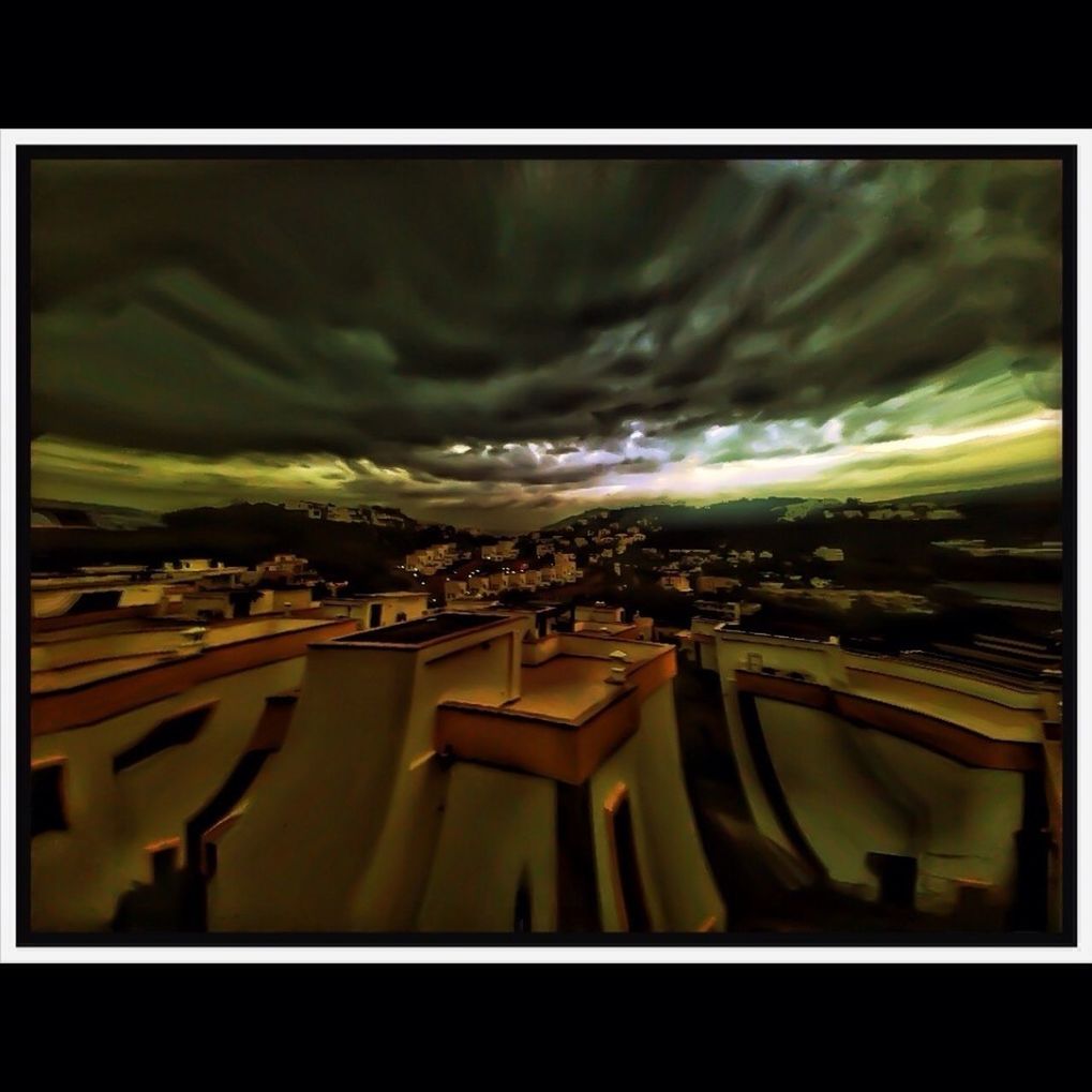 transfer print, auto post production filter, sky, panoramic, high angle view, illuminated, city, outdoors, no people, cloud - sky, building exterior, night, in a row, landscape, transportation, nature, abundance, agriculture, road, built structure