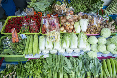 High angle view of vegetables for sale at market stall