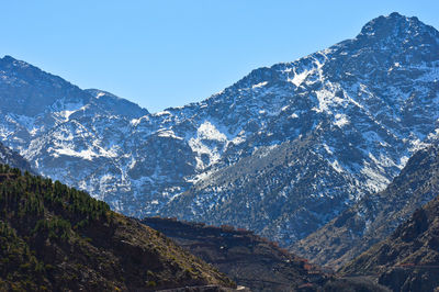 Scenic view of snowcapped mountains against clear sky