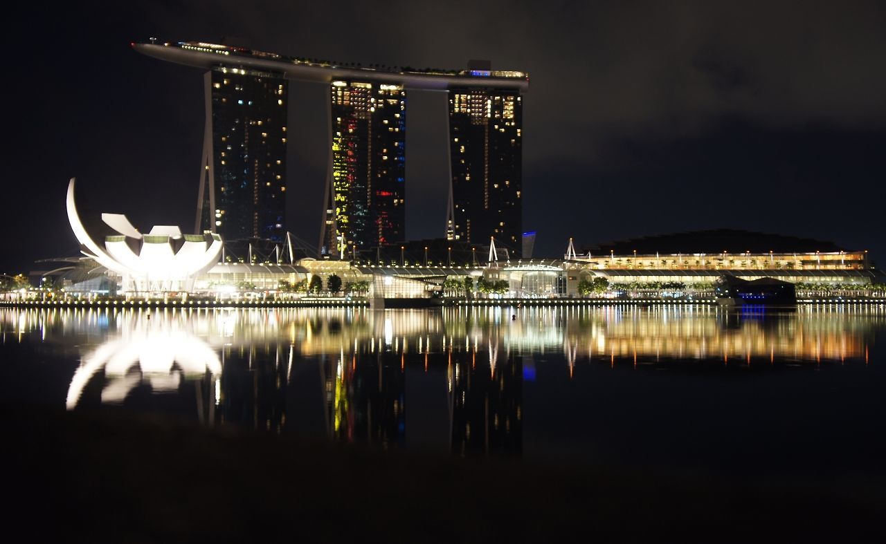 night, illuminated, architecture, built structure, reflection, water, building exterior, waterfront, river, connection, sky, bridge - man made structure, city, travel destinations, famous place, engineering, outdoors, mid distance, no people, modern