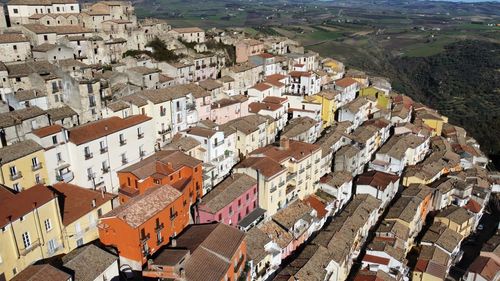 High angle view of buildings in city