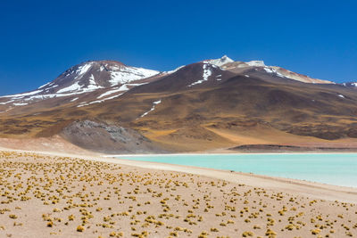 Scenic view of snowcapped mountains against clear blue sky