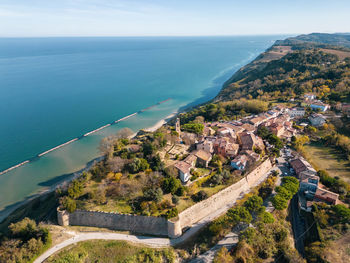 Italy, november 19, 2023 - aerial view of the small medieval village of fiorenzuola di focara