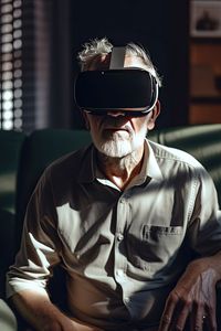 Dark shadowed excited senior man wearing vr goggles and enjoying playing video games.ai generated