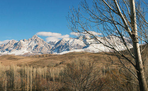 Close-up of mountain against blue sky