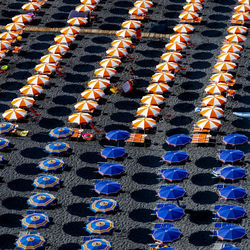 High angle view of umbrellas on beach