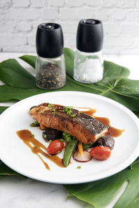 Close-up of meal served on table