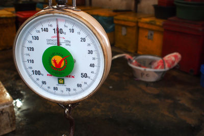 Close-up of weight scale at market stall