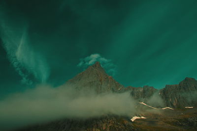 Scenic view of landscape against sky in foggy weather