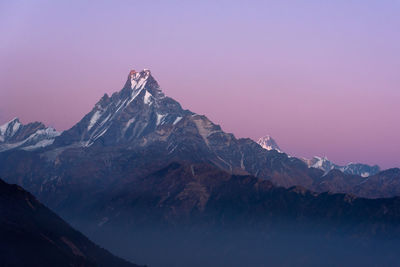 Scenic view of of himalayan mountain range against sky during sunset