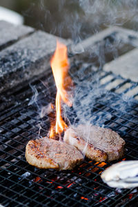 Close-up of fire on barbecue grill