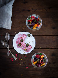 High angle view of breakfast served on table