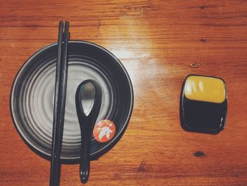 High angle view of glasses on table