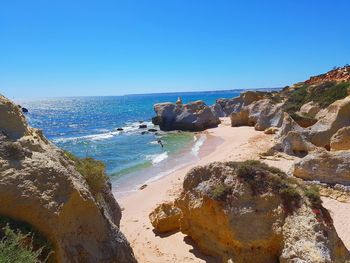 Scenic view of sea against clear blue sky