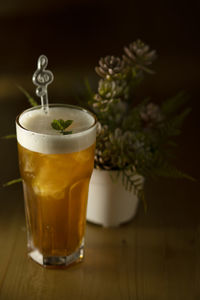 Close-up of beer in glass on table