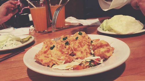 Close-up of served food in restaurant