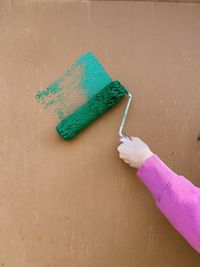 Female hand with a roller for painting the wall in green. home renovation in spring