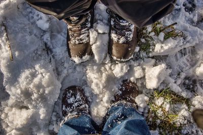 Low section of friends standing on snow field