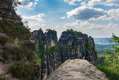 Rock formations on landscape against sky
