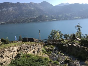 Scenic view of lake and mountains