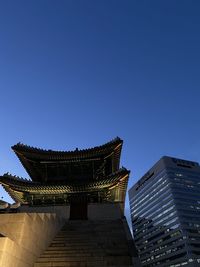Low angle view of temple building against clear blue sky