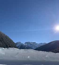 Scenic view of snowcapped mountains against clear blue sky