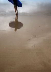 Low section of man walking on wet beach