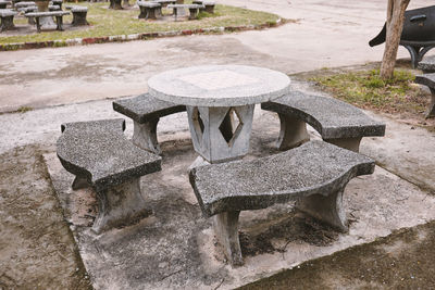 High angle view of bench in park