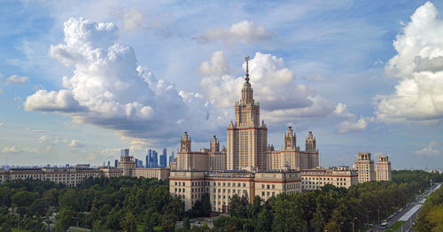 Cloudy landscape aerial view of campus if moscow university in summer sunny evening