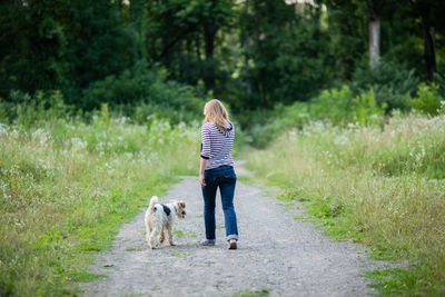 Rear view of man with dog walking on street