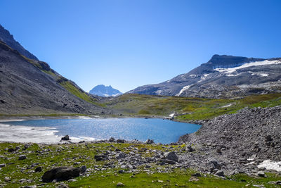 Scenic view of lake and mountains against clear blue sky