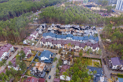 The aerial view of the destroyed and burnt buildings. the buildings were destroyed by rockets.