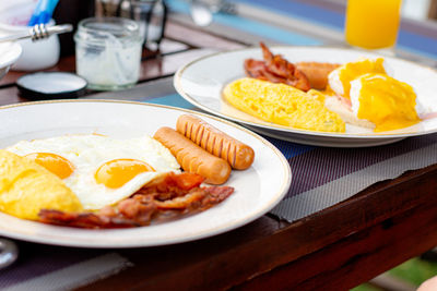 High angle view of breakfast served on table