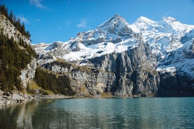 Scenic view of snowcapped mountains and lake against sky