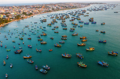 High angle view of boats in sea