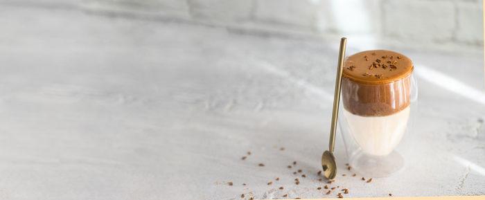 High angle view of coffee cup on table