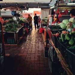 Rear view of people walking in market