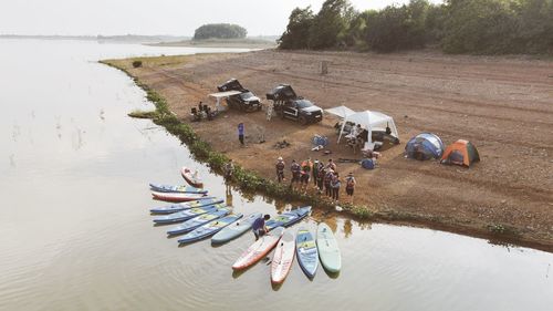 High angle view of boats in lake