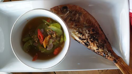High angle view of food in bowl on table