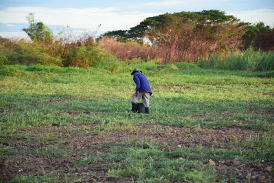 Rear view of man walking on field