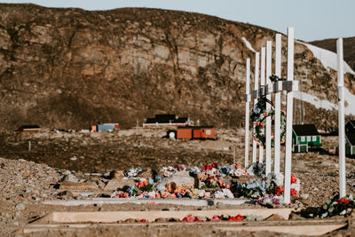 Graveyard against mountain 