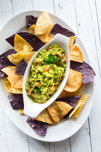 High angle view of food in plate on table