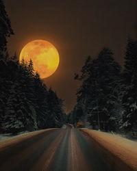 Road amidst trees against sky at night