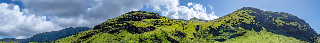 Panoramic view of green landscape against sky