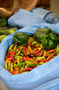Close-up of rotten green bell pepper and chili peppers in blue sack at market stall