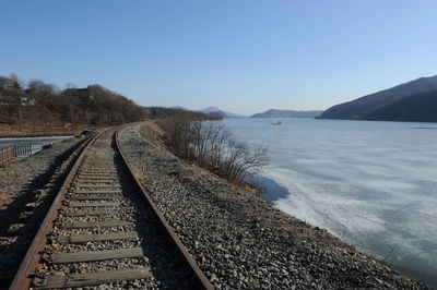 Railroad tracks by water against clear sky